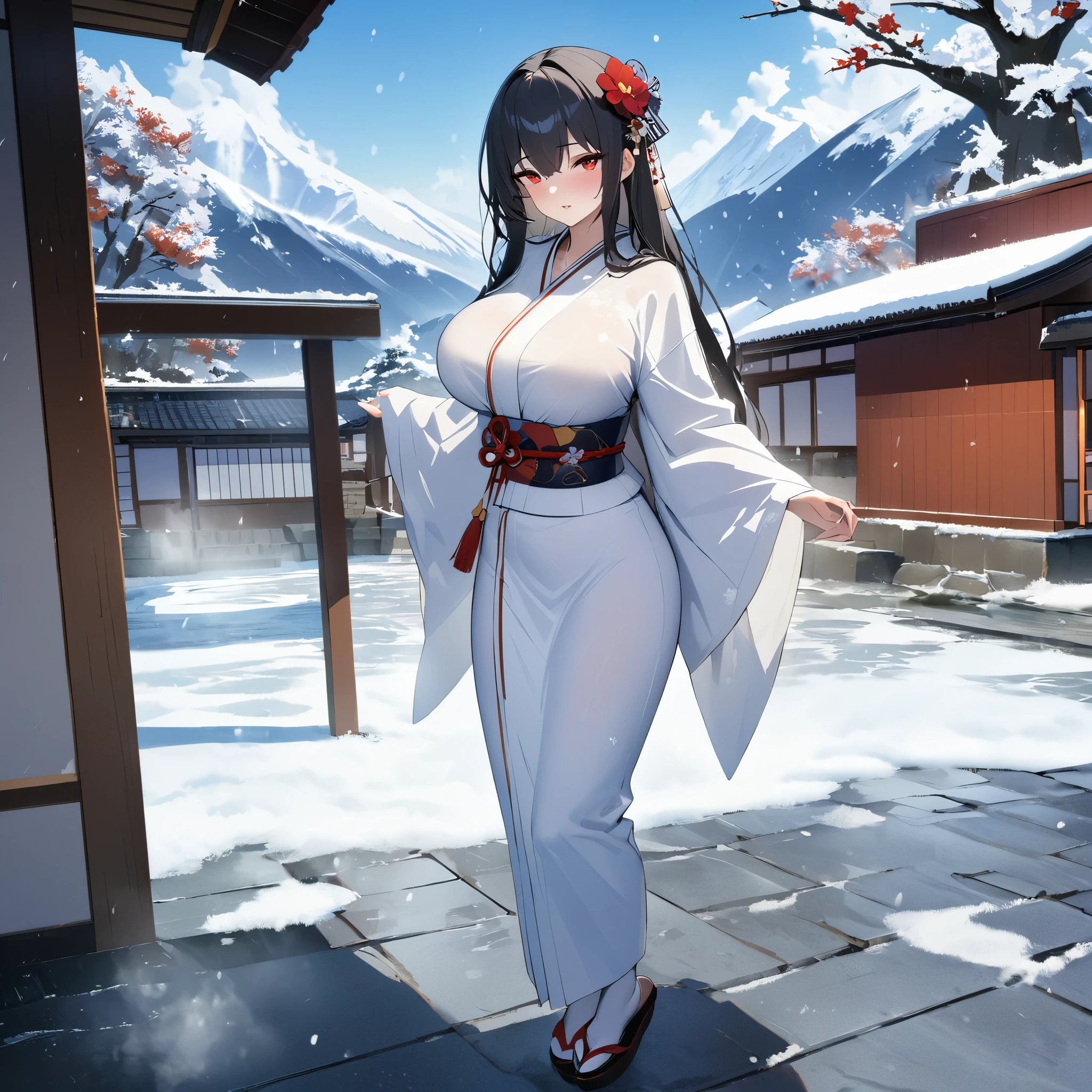 A woman wearing a traditional white Yukata, yukata with white and red flower details, Japanese shoes, with a white belle cape, long black hair, red eyes, large breasts, standing on a concrete sidewalk, snowing place, winter weather , traditional Japanese houses in the background, trees covered in ice, mountain covered in ice in the background, blue sky with clouds,ultra resolution, sharp, masterpiece, 8K HD (solo woman)