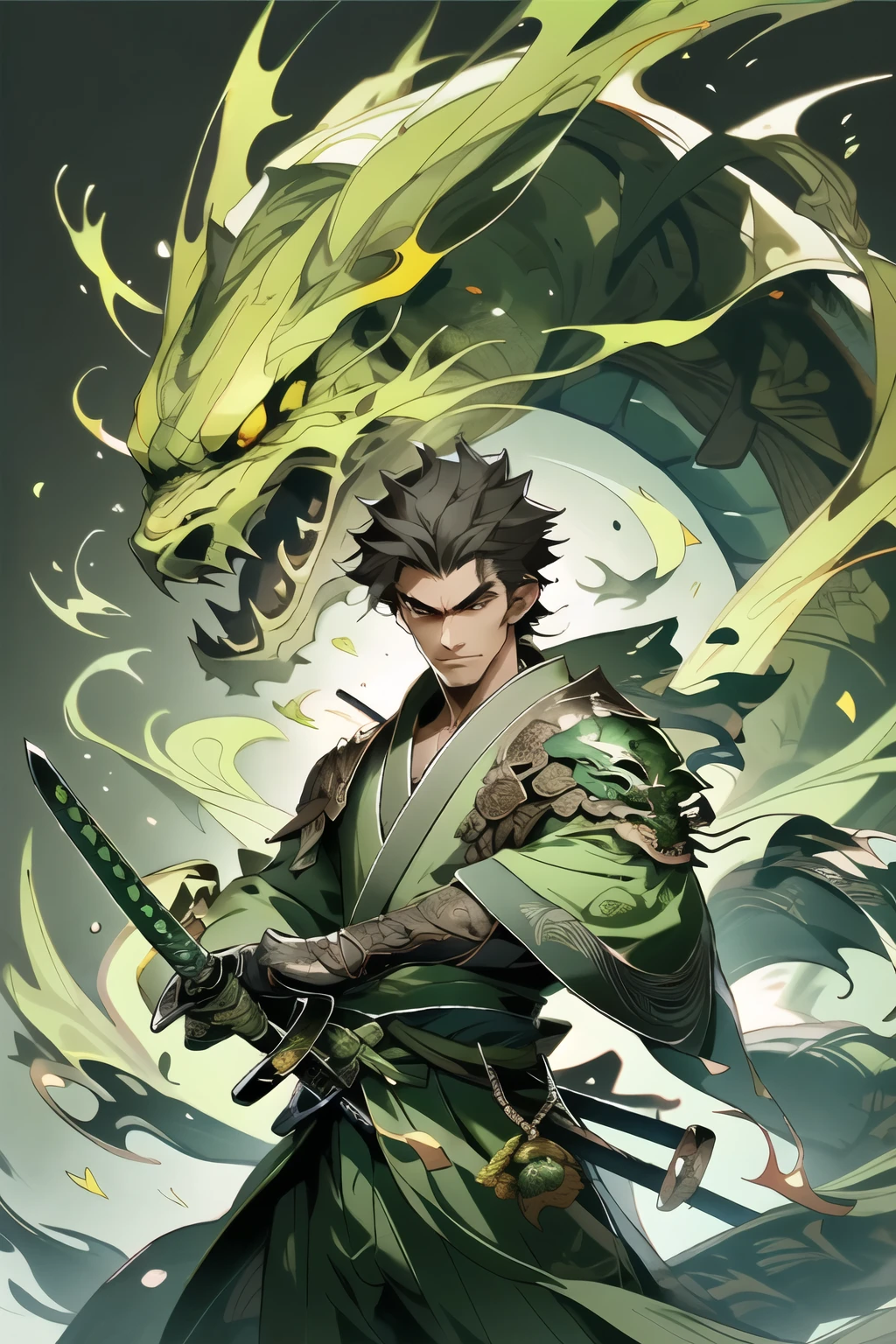 Green Dragon, (close-up :1.1), Upper body, Weapon, Green Dragon, Male focus, sword, single, Japanese costume, Hand held, Hand held Weapon, katana, Hand held Sword, sheath, long sleeve, number suit, Kimono, suit... Construction background