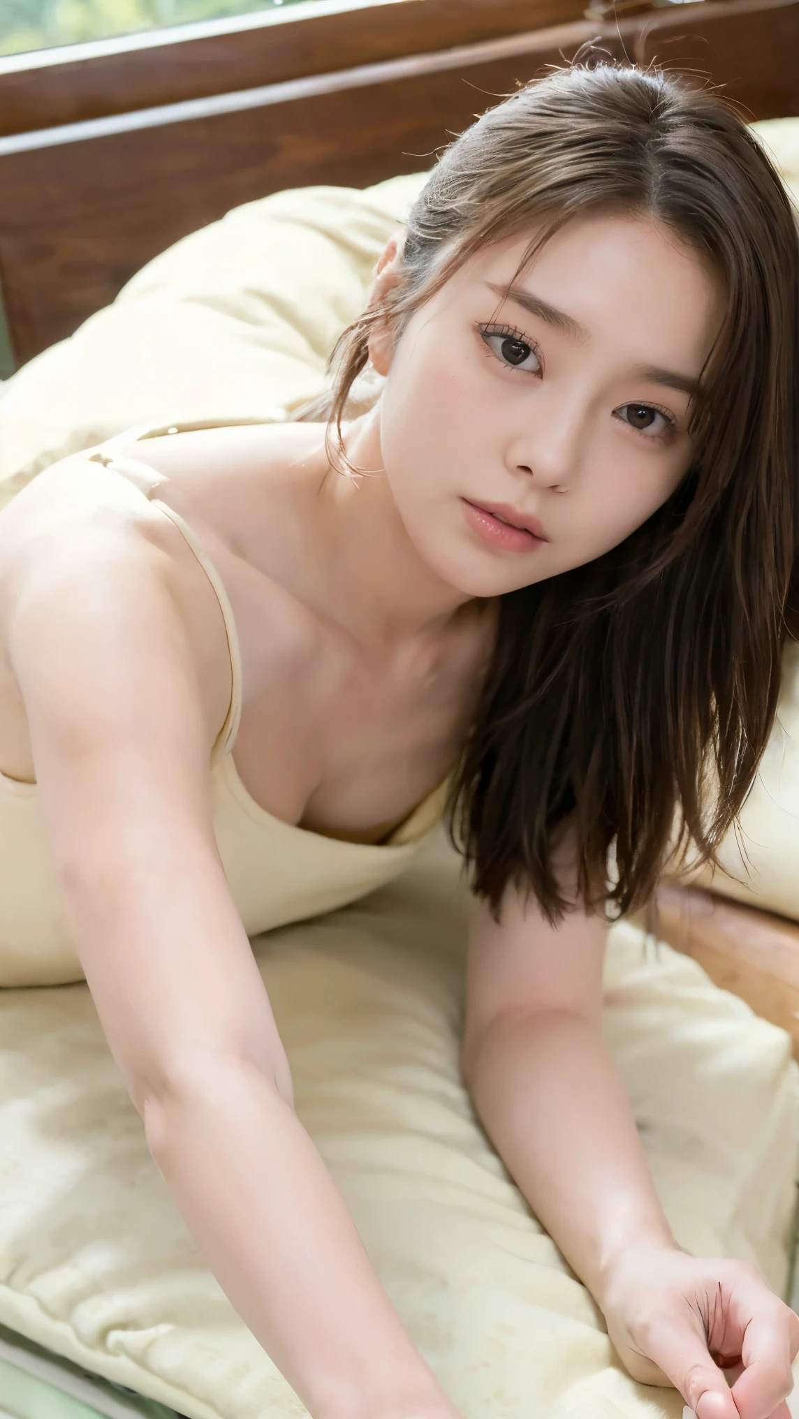 (((highest quality,Very detailed,masterpiece,Very detailed))) ,(((Lying down:1.5))),((Bend your knees)),loose breast,See-through,camisole,one piece,barefoot,One Girl,Realistic,Bedroom、Looks sleepy