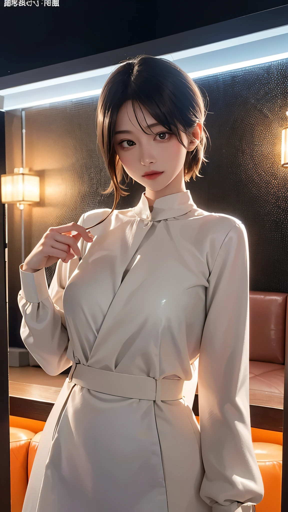 Close-up of the upper body,Purple short sleeves,Delicate hands,Black tunic,long skirt,exquisitedetails,Perfect details,sideface,White shirt,short detailed hair,largeeyes,Black eyes,Sparkle,edge lit,long eyelasher,Based on physical rendering,adolable,Lateral face,with a round face,ssmile,Close-up portrait of a girl,8K,8K high quality detailed art, Beautiful 2D portrait,firework background,Extremely quality,tmasterpiece,Need,Overlooking Chang'an, Never sleep,fire works,head gear