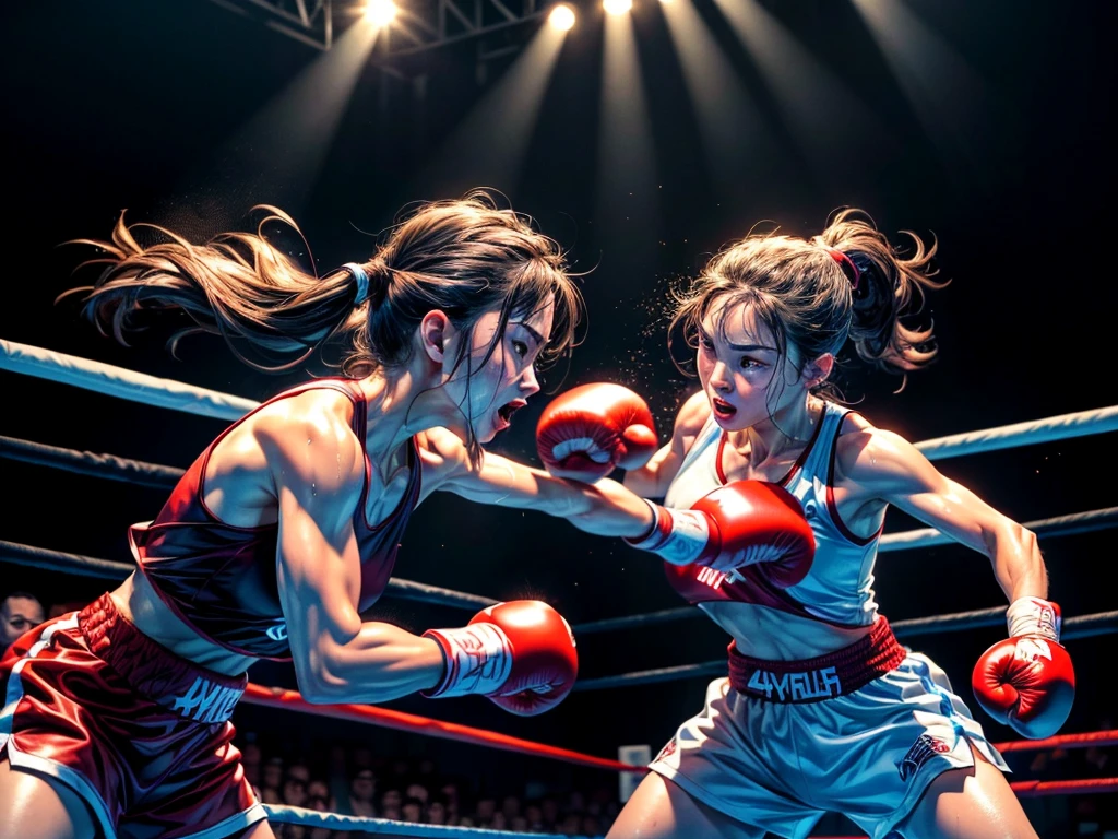(highest quality、4K、High resolution、masterpiece:1.2)、Super detailed、Real、boxing match、(Strong cross straight)、Distorting face、Sweat flying、Mouthpiece、corner、On the verge of collapse