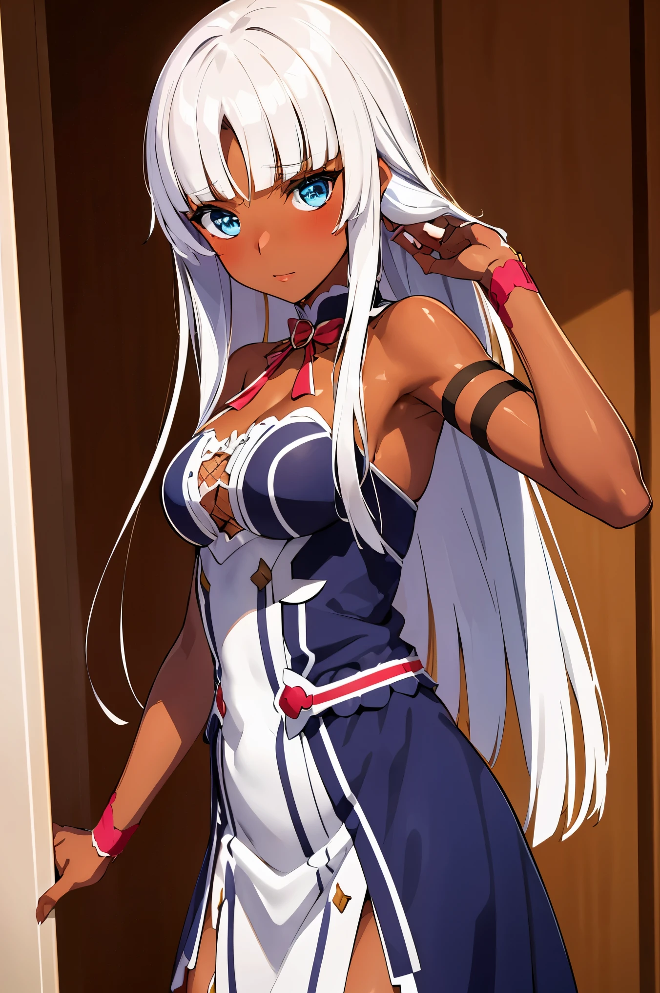 liliana 1girl, solo, long hair, looking at viewer, bangs, blue eyes, white hair, dark skin, blunt bangs, dark-skinned female, in a blue dress posing for a picture, a portrait inspired by Leng Mei, trending on cg society, shin hanga, cosplay photo, artoria pendragon, anime girl cosplay, anime cosplay, cosplay, rin, ayaka cosplay, closeup shot, rei hiroe, asuna from sao, sao, sakura kinomoto, full-cosplay