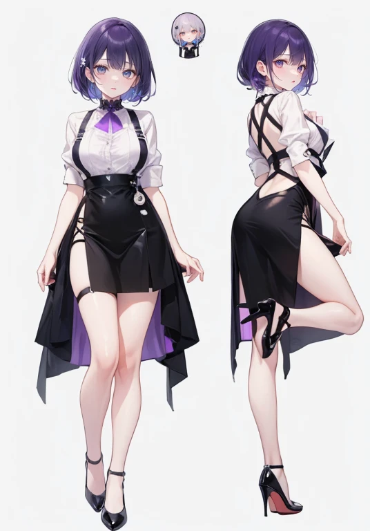 Purple Hair,Shortcuts,Adult female,(bartender),((Body Harness)),((Rolling up his sleevesYshirt)),High heels,,((Simple Background)),smile,((Full Body)),((full body)),((whole body)),Character Sheet,upright,,Both arms hanging straight down