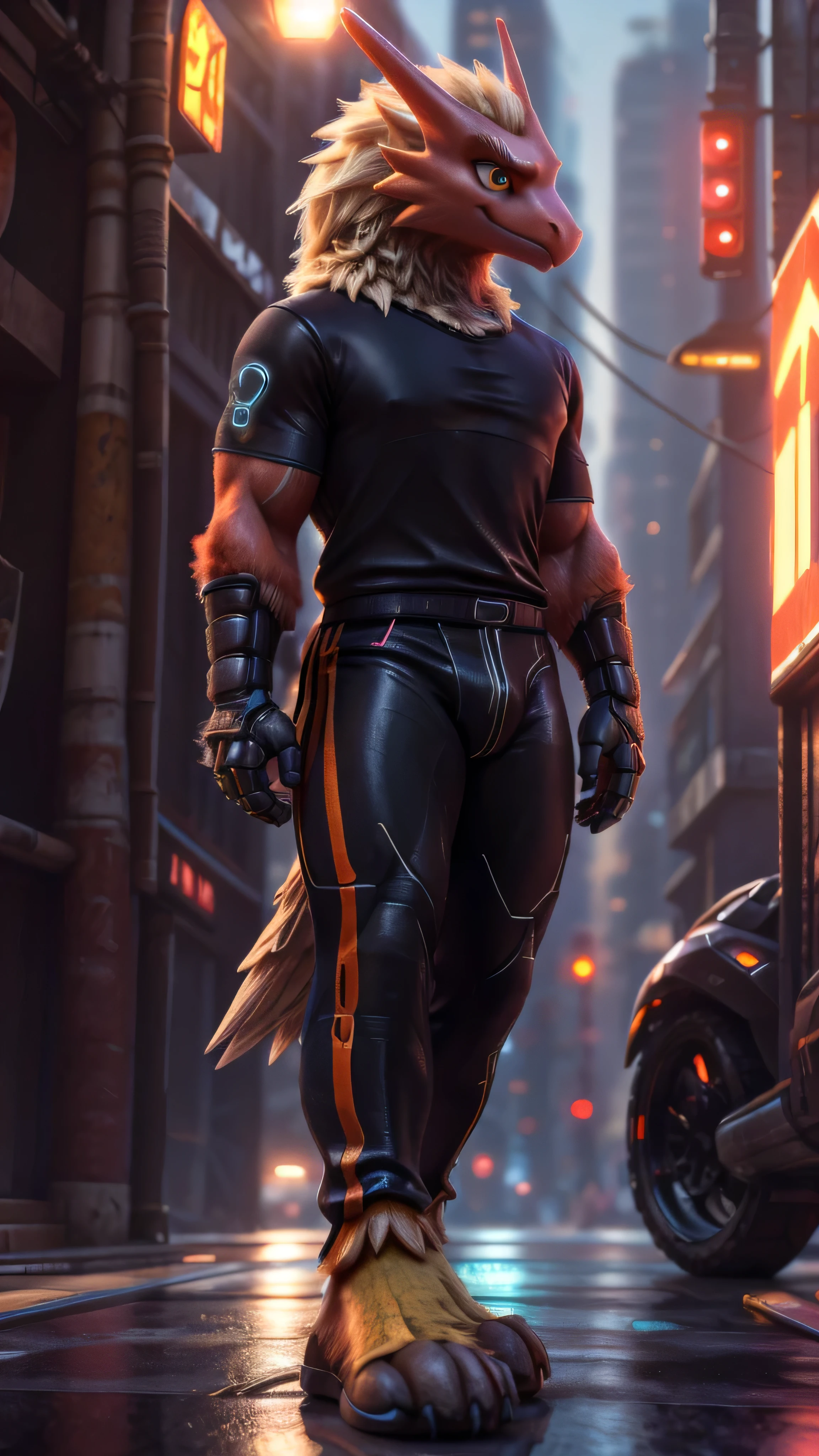 male , bird, Blaziken, background, (cinematic lighting:1.1), (perfect focus:1.1), 8k hd, (detailed eyes:1.2),depth of field, bokeh, subsurface scattering, perfect breasts, wide ,((cyber shirt and cyber pants )),bright colors, (furry detail:1.3),detailed background, realistic, photorealistic, ultra realistic,(cyberpunk city),realistic, photorealistic ,smile,(fluffy:1.3), furry, buff, (realistic fur:1.1), (extreme fur detail:1.2),((light orange fur)),(Black pupil, brown eyes,pixar style eyes),Blaziken tail,3d pixar legs, with pectorals,HDR.