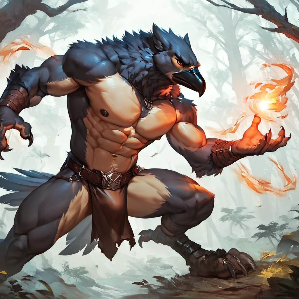 score_9, score_8_up, score_7_up, score_6_up, score_5_up, score_4_up, (solo), male anthro crow, abs, pecs, forest background, loincloth, serious, wizard, casting magic, talons, nipples, masculine pose