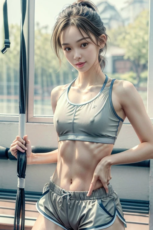 8K,(photorealistic:1.4), RAW photo, best quality, masterpiece, ultra high res, raw photo,cinematic lighting,depth of field,ray tracing, Japanese girl,Brown short wavy pixie hair over one eye,Meticulous sportswear girl,(at the gym:1.3),(Wear sophisticated a sports tiny shorts and a sports bra:1.3),Highlight abs, completes the overall atmosphere,(braless:1.1),(Slender body:1.4),six pack,smile,(wet skin:0.9),large hip,cleavage,camel toe,
