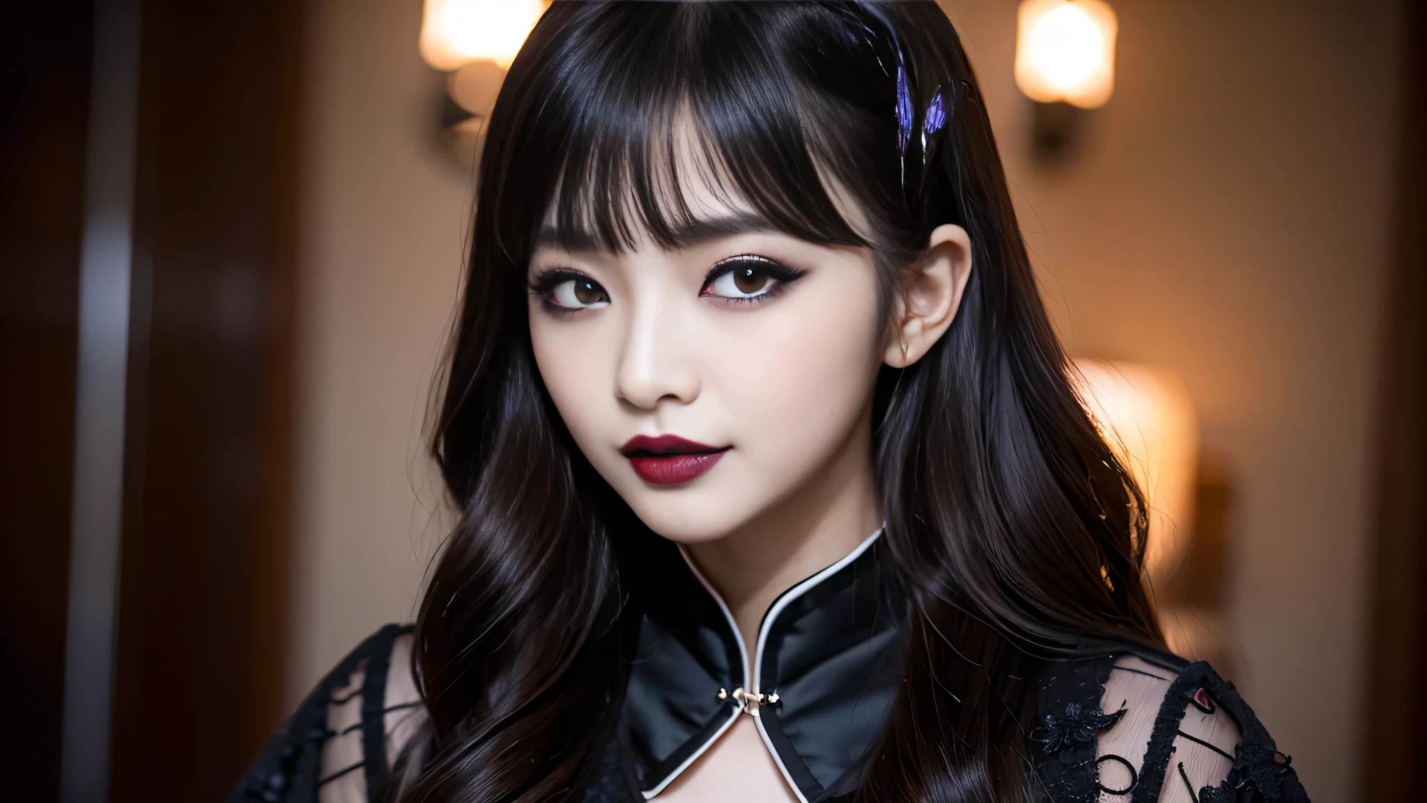 best quality、ultra-detailed、4k、Japanese、Seductive beauty、seductive adult woman、Pretty Woman、cool girl、Villainess、brainwash、Fallen into evil、smirk、Evil look、Wicked Smile、evil、Brown hair、wavy hair、swept bangs、Butterfly Hair Ornament、dark makeup、dark makeup、piercing eyes、hollow eyes,half-closed eyes、Hollow Eyes、Purple Eyeshadow、black lipstick、black lipglos、Long Black Cheongsam、Wide sleeves、night、inside darkroom、Having lipstick、Engraving a rose pattern、Emblem of Evil、Crest of Darkness、Swear allegiance、I have pledged my allegiance、Dye black、Blackening、Stained with evil、Dyed in darkness
