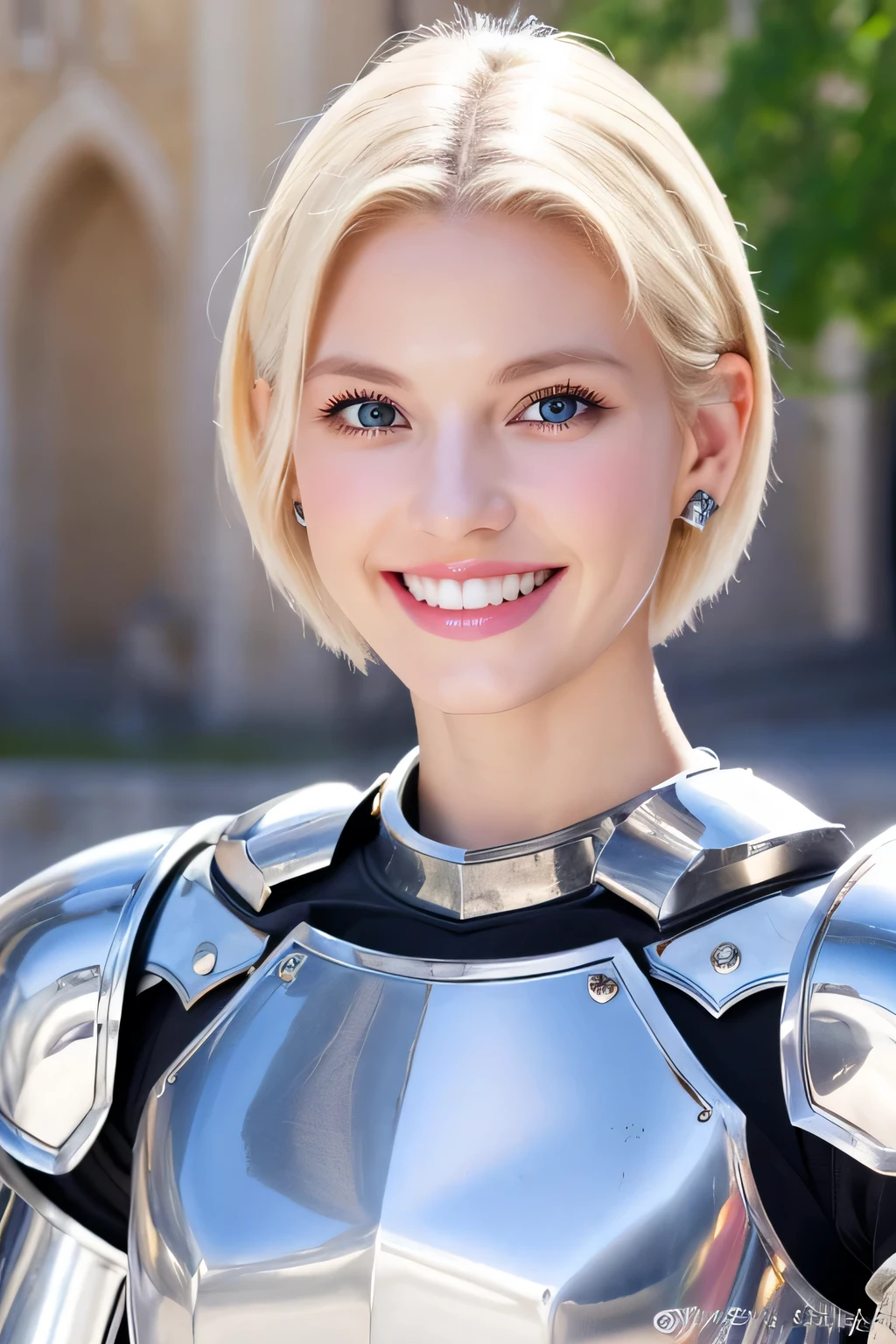 8K、highest quality、female knight、Luxurious Silver Armor、、hairstyle short cut、smile、beautiful teeth、full body photo、ear piercing、blonde、white woman、blue eyes、heavy makeup、The background is inside the castle
