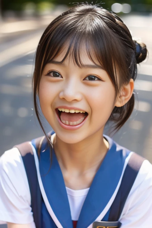 Japanese,10 years old,Summer Sailor Uniform,Look Up,Looking up,Cross-eyed,Cross-eyed,Open your mouth wide,Sticking out tongue,Showing tongue,cute,Face close-up,Twin bun hairstyle
