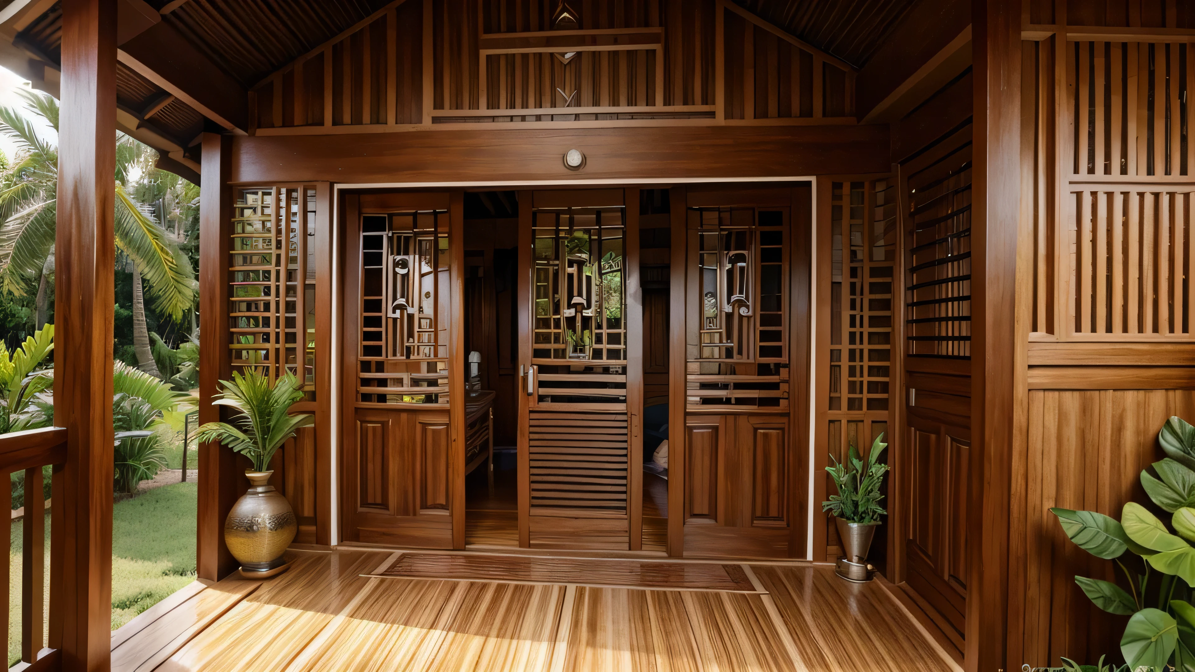 Malay traditional kampung House verandah, front image, wooden wall with door, hd image,realistic picture, open door, cozy inside of the house, eid celebrating, pelita hari raya