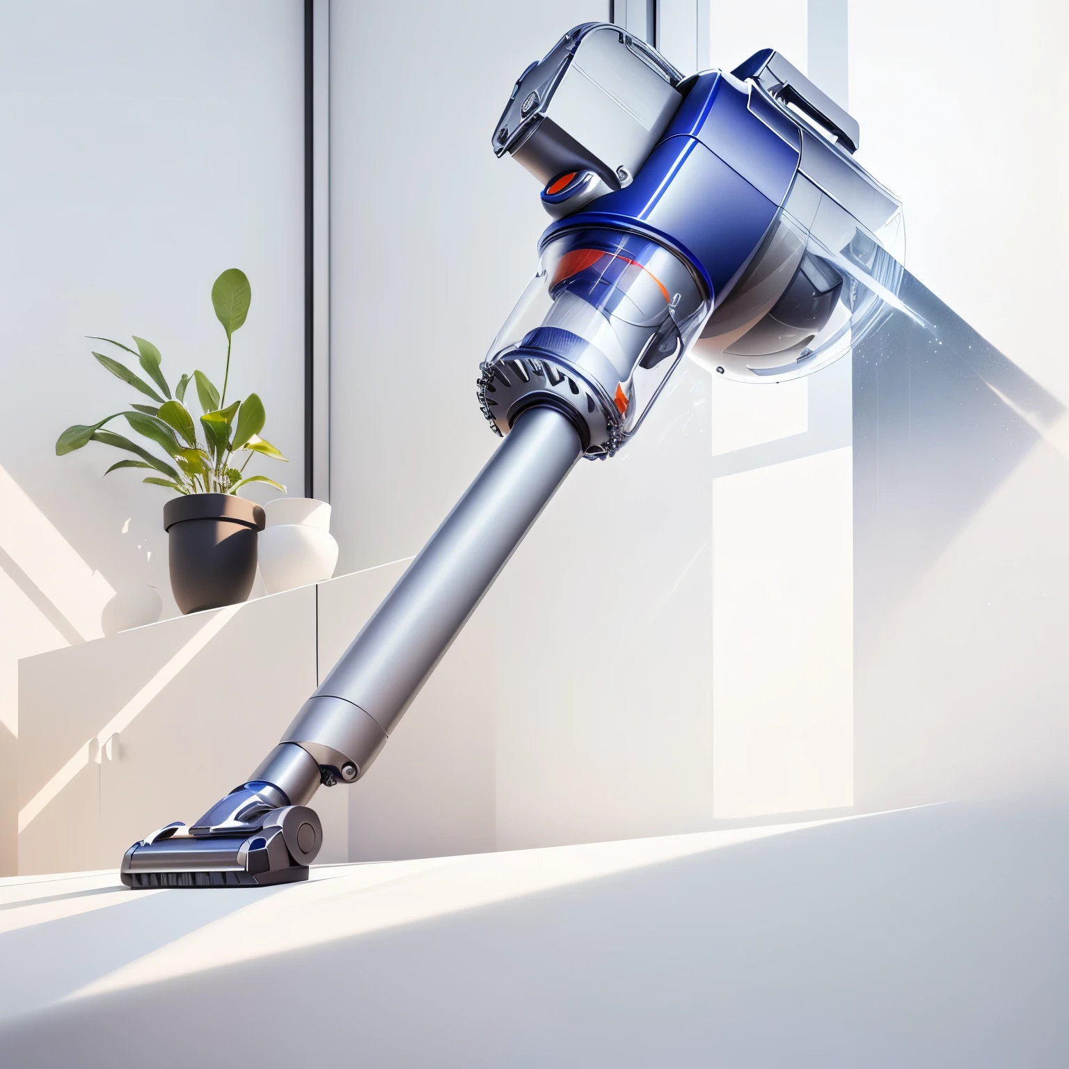 A vacuum cleaner on a white table, Real light and shadow,Bright interior scene,Delicate brushwork, Powerful details, vacuum, Ease of use, spray brush, Realistic and lifelike images, 3 d Product Rendering, concept art | Dyson, Product Rendering, Surrealism, Surrealism, Clarity、Smooth、Clean lines, Sophisticated design, nanometer, Bottom Angle, Hyper-realistic rendering, beautiful