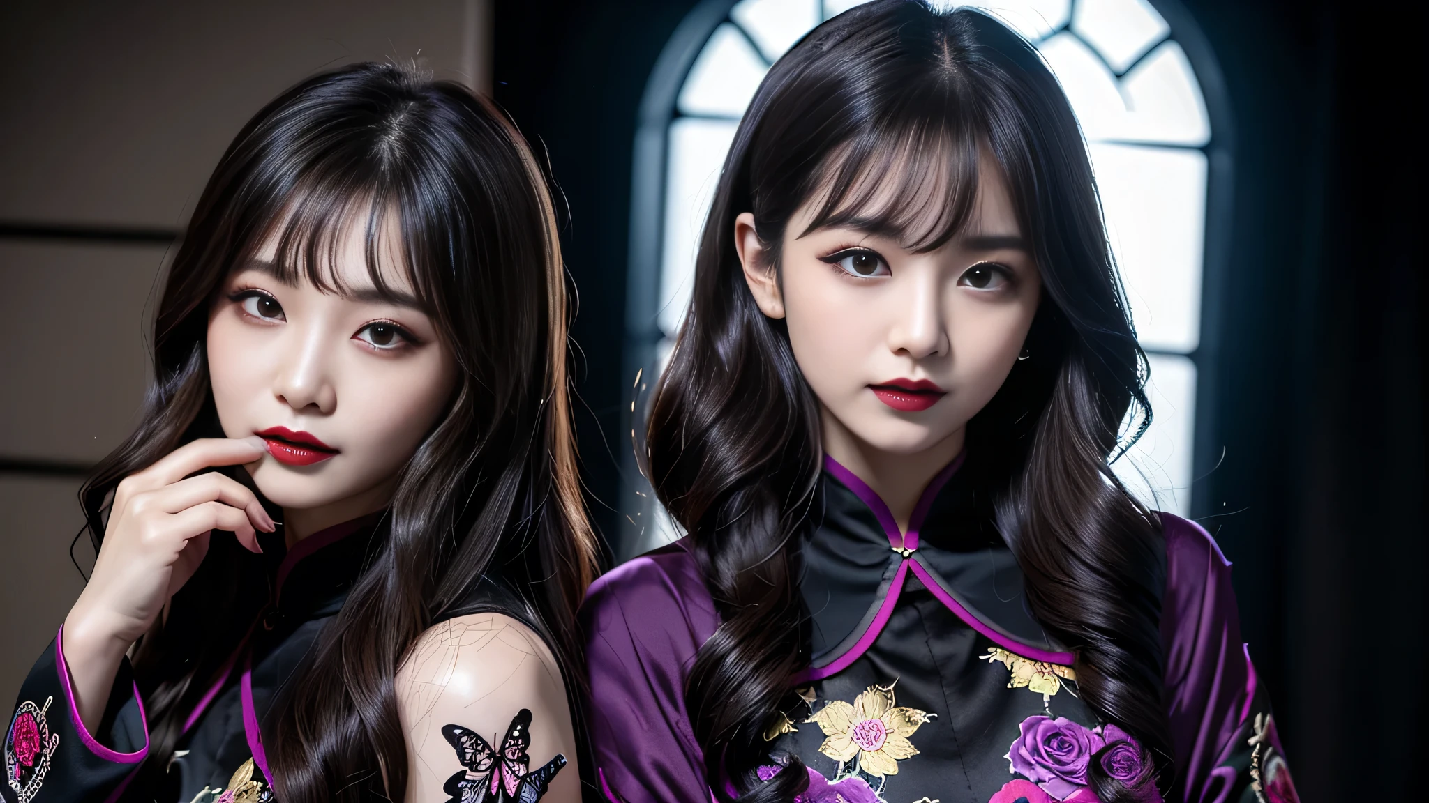 best quality、ultra-detailed、4k、Japanese、Seductive beauty、seductive adult woman、Pretty Woman、cool girl、Villainess、brainwash、Fallen into evil、smirk、Evil look、Wicked Smile、evil、Brown hair、wavy hair、swept bangs、Butterfly Hair Ornament、dark makeup、dark makeup、piercing eyes、hollow eyes,half-closed eyes、Hollow Eyes、Purple Eyeshadow、black lipstick、black lipglos、Long Black Cheongsam、Wide sleeves、night、inside darkroom、Having lipstick、Engraving a rose pattern、Emblem of Evil、Crest of Darkness、Swear allegiance、I have pledged my allegiance、Dye black、Blackening、Stained with evil、Dyed in darkness
