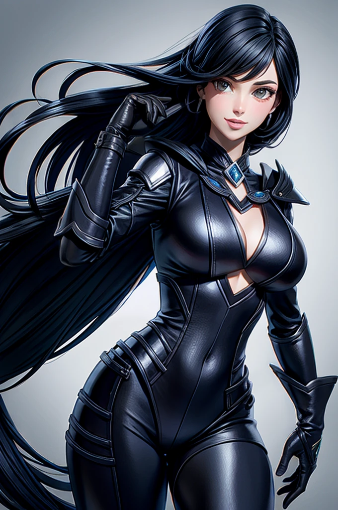 solo, super fine photo, portrait picture Unreal Engine 5 8K UHD of a girl, wearing black and blue tight shiny suit, long black glove, long white hair, fantasy character, best quality, masterpiece, unified 8k wallpaper, super detailed, sharp focus, female pose