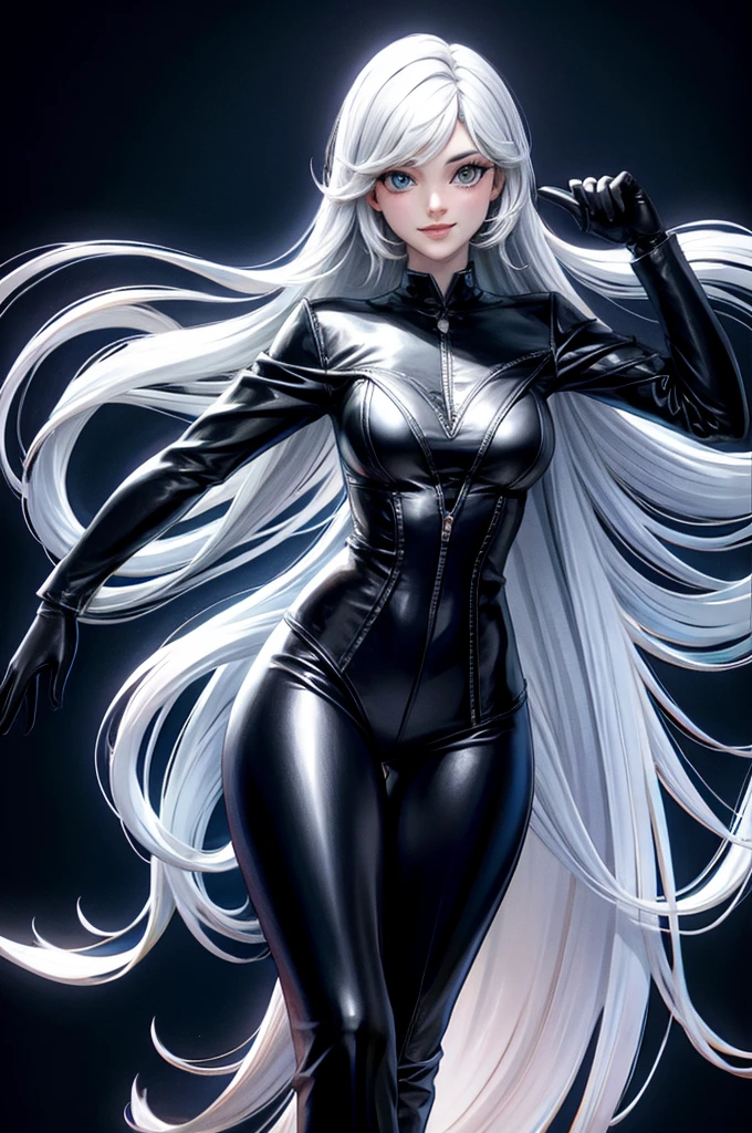 solo, super fine photo, portrait picture Unreal Engine 5 8K UHD of a girl, wearing black and blue tight shiny suit, long black glove, long white hair, fantasy character, best quality, masterpiece, unified 8k wallpaper, super detailed, sharp focus, female pose