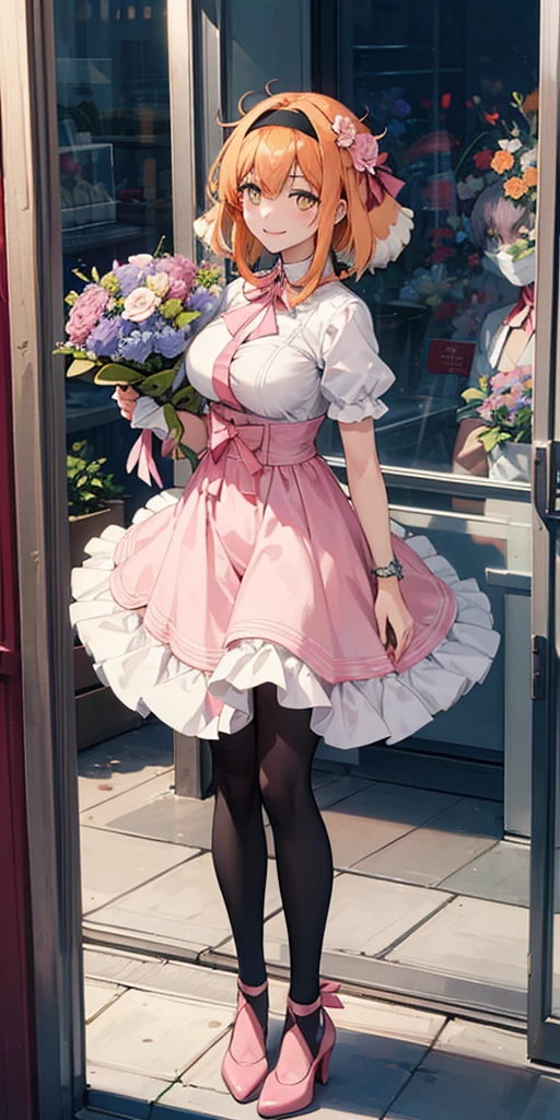 ((Roxanne)) ((woman dressed holding flowers and flowers near a store window)) 1girl, flower, solo (dog fluffy ears) [[orange hair]] pantyhose, bouquet, looking at viewer, black hairband, yellow eyes, dress, hair flower, holding a bouquet, standing, short sleeves, white footwear,(dress color:white, pink:1.4) yellow flower, selling flowers, scenery, night time, wall lamp, smile, pink flowers, blue flowers, cowboy shot, large breasts, small ribbon on flower as tie ((scenery)),(((scenery))),windy,(windy:1.3),(scenery),((scenery)),(((scenery)))