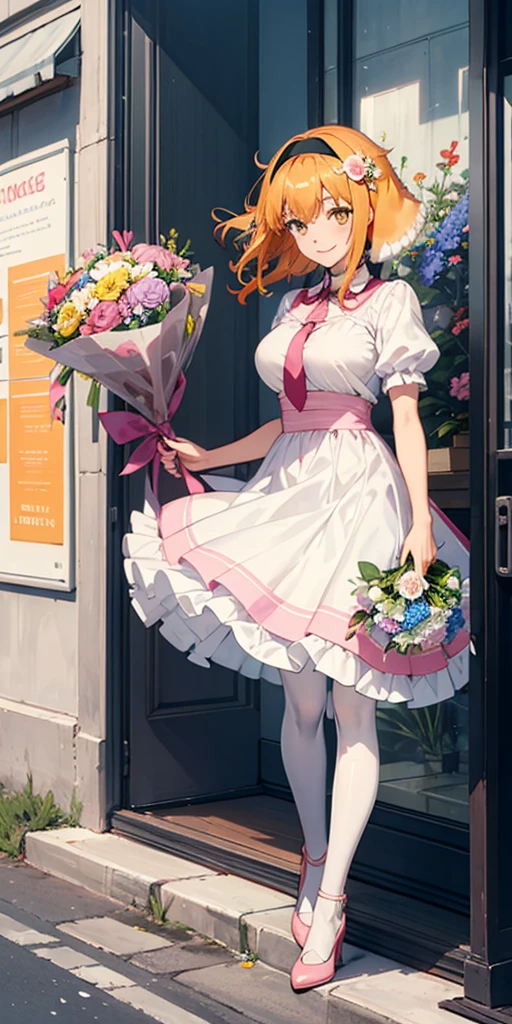 ((Roxanne)) ((woman dressed holding flowers and flowers near a store window)) 1girl, flower, solo (dog fluffy ears) [[orange hair]] pantyhose, bouquet, looking at viewer, black hairband, yellow eyes, dress, hair flower, holding a bouquet, standing, short sleeves, white footwear,(dress color:white, pink:1.4) yellow flower, selling flowers, scenery, night time, wall lamp, smile, pink flowers, blue flowers, cowboy shot, large breasts, small ribbon on flower as tie ((scenery)),(((scenery))),windy,(windy:1.3),(scenery),((scenery)),(((scenery)))