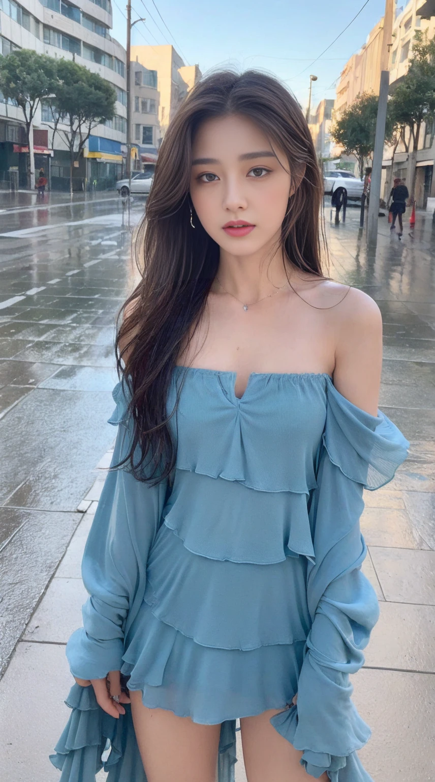 ((best quality, 8k, masterpiece:1.3)), Key Points: 1.2, Perfect body beauty: 1.4, Hips: 1.2, ((Layered Hairstyle, Chest: 1.2)), (Wet clothes: 1.1) , (rain, street:1.3), Bandeau dress: 1.1, Highly detailed face and skin texture, Exquisite eyes, Double eyelids, Whitening of the skin, Long hair