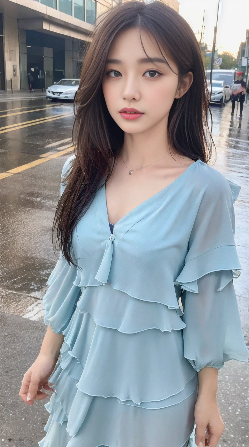 ((best quality, 8k, masterpiece:1.3)), Key Points: 1.2, Perfect body beauty: 1.4, Hips: 1.2, ((Layered Hairstyle, Chest: 1.2)), (Wet clothes: 1.1) , (rain, street:1.3), Bandeau dress: 1.1, Highly detailed face and skin texture, Exquisite eyes, Double eyelids, Whitening of the skin, Long hair