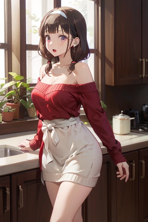 masterpiece, yor, 1girl, Amazing Cleavage:1.3, thin waist, big ass, Raised sexy, medium breast: 1.8 posed cleavage:1.2、solo, looking at viewer, open mouth, have a cup of coffee,black hair, red eyes, dress, bare shoulders, jewelry, collarbone, sidelocks, hairband, earrings, indoors, off shoulder, :o, sweater, arms behind back, plant, short hair with long locks, white hairband, off-shoulder dress, sweater dress, off-shoulder sweater, red sweater, big side hair, very long side hair,is rendered in (masterpiece: 1.2, best quality), with (ultra high resolution) and an exquisite (depth of field). This masterpiece is not only visually stunning but also tells, teach of cooking ,in the kitchen