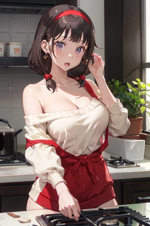 masterpiece, yor, 1girl, Amazing Cleavage:1.3, thin waist, big ass, Raised sexy, medium breast: 1.8 posed cleavage:1.2、solo, looking at viewer, open mouth, have a cup of coffee,black hair, red eyes, dress, bare shoulders, jewelry, collarbone, sidelocks, hairband, earrings, indoors, off shoulder, :o, sweater, arms behind back, plant, short hair with long locks, white hairband, off-shoulder dress, sweater dress, off-shoulder sweater, red sweater, big side hair, very long side hair,is rendered in (masterpiece: 1.2, best quality), with (ultra high resolution) and an exquisite (depth of field). This masterpiece is not only visually stunning but also tells, teach of cooking ,in the kitchen