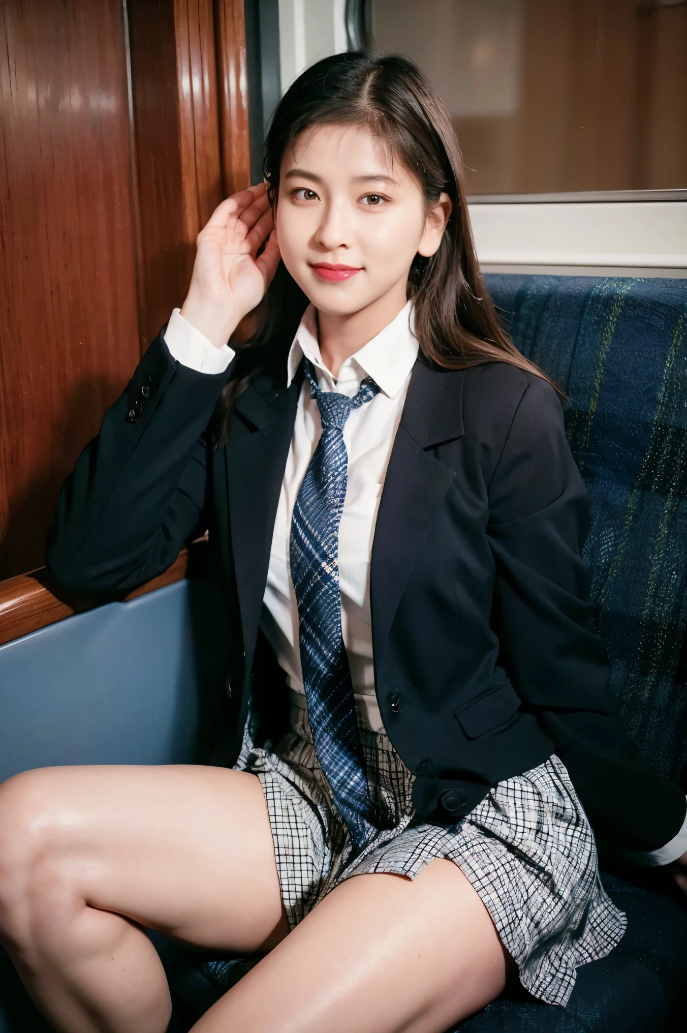 (8k), (highest quality: 1.2), (Realistic), (Realistic: 1.37), Ultra-high resolution, 1 girl, cute, smile, Mouth closed, Beautiful details, Beautiful Nose, Wet Hair, Giant Dulcefo, pork, Thighs,Self Snap,University uniform,Sitting on a train in Tokyo,A simple blazer,Pleated skirt,(The pattern of the skirt and tie is a tartan check pattern...:1.3),Crossing your legs, From above,Thighs