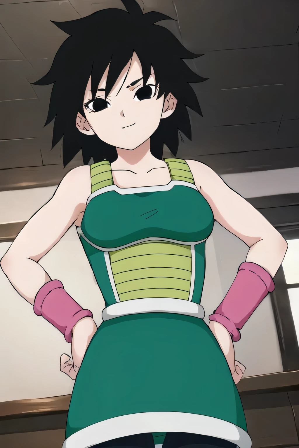 1girl, solo, ginedb, black hair, short hair, spiked hair, black eyes, collarbone, bare shoulders green saiyan armor, pink wristband, green skirt, black pantyhose, closed mouth, light smile, cowboy shot, hands on her hips, indoor room