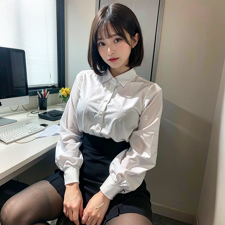 masterpiece, highest quality, highest quality, (Intricate and detailed:1.2), Beautiful Eyes, One girl、Office Lady、Background in the office、Bokeh、((lower body))、(Short Bob Hair)、White blouse、Long sleeve、(sitting in an office chair)、office staff suit, (long pencil skirt), black pantyhose, panties under black pantyhose, (skirt lift:1.3), (show off panties:1.3), embarrassed, spread legs、White panties