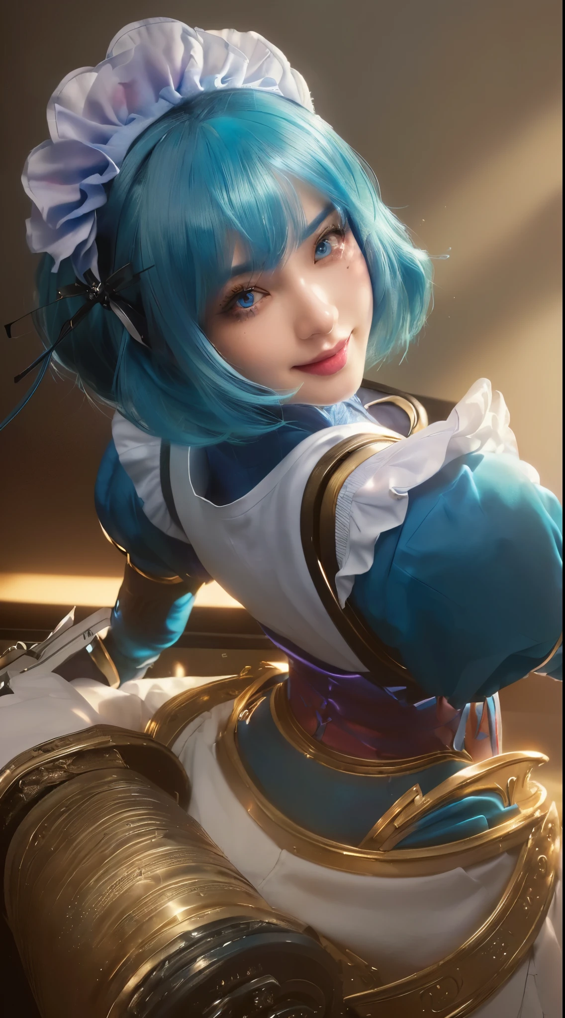 (a close-up of a girl, detailed blue hair, artgerm:1.2), artgerm lau style, artgerm detailed rendering, artgerm style, artgerm-inspired portrait, character with stunning blue hair, mesmerizing gaze, intricate artgerm-like details, vibrant color palette, soft lighting, red-eyes, smiling