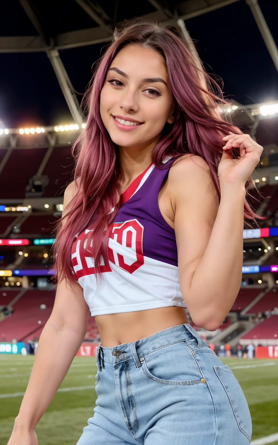 In the image, a 26-year-old young woman radiates joy and vitality while standing outside a sports stadium, with a mega smile that lights up her face and her eyes open, shining with excitement. With her long, straight hair dyed a vibrant shade of purple, she adds a touch of exuberance and originality to her appearance. With a raised hand, she points excitedly towards the stadium, showing her enthusiasm for the event she is about to witness or participate in. Despite the bustle and activity that can be felt in the stadium, her presence stands out with a positive energy that infects those around her. Dressed in a casual and comfortable outfit, she displays a relaxed but modern style, which complements her happy and carefree attitude. The ultra-realistic quality of the image, captured in high definition, highlights every detail of the environment, from the architectural details of the stadium to the vibrant colors of her hair. Altogether, the image conveys a sense of celebration and anticipation, inviting the viewer to join in the excitement of the moment and enjoy the festive atmosphere surrounding the sports stadium.