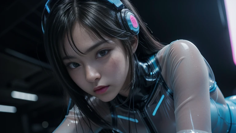(8k, RAW Photos, highest quality, masterpiece:1.2), (Realistic, photo-Realistic:1.37),(Japanese female models), (Blue Neon),(cyber punk),Wearing a see-through transparent rubber suit,