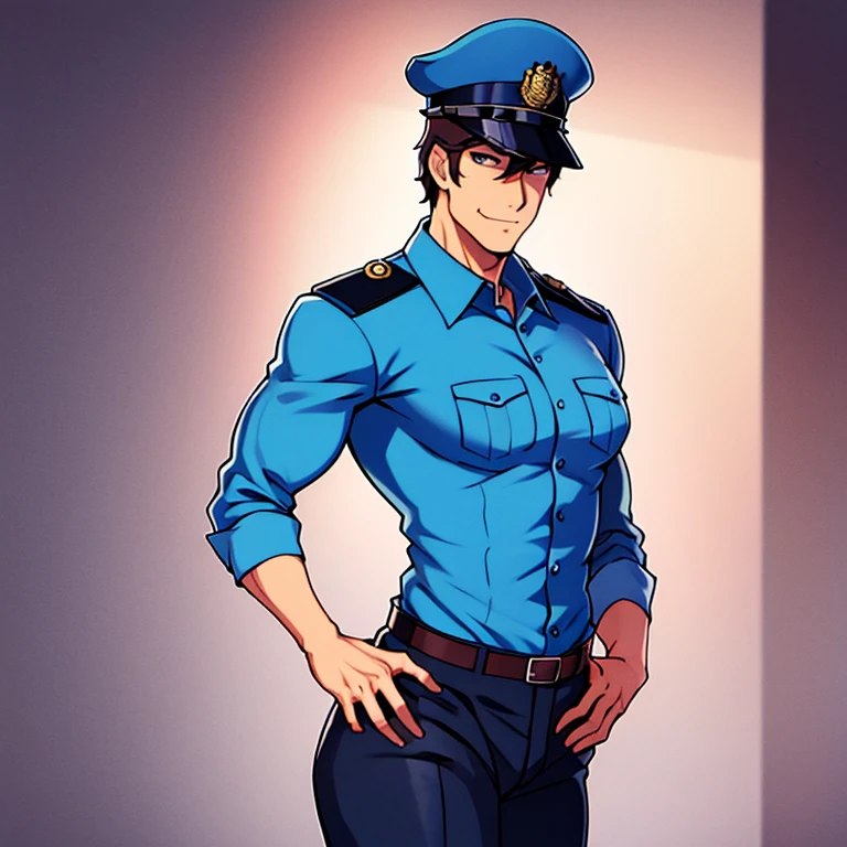 Un musculoso hombre con traje de policiasin camisa