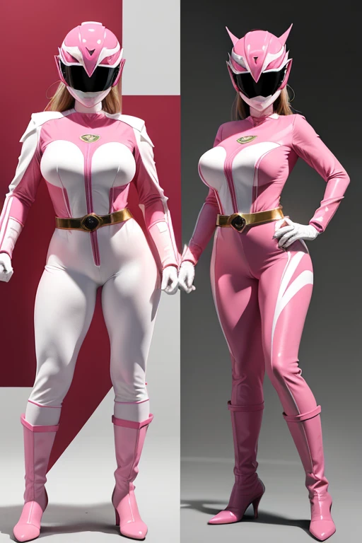 Tabletop, Super Detail, highest quality, High resolution, , ((Anatomically correct)), Power Ranger, ((One Girl)), (alone), A full-face helmet that covers the face and buttocks, Pink full body suit, Large emblem on the chest, Thick suit lines, internal, the suit is pink、Long gloves and boots are white, (Very shiny helmet and suit), kick, Action pose, Combat pose, Huge breasts,Big Ass