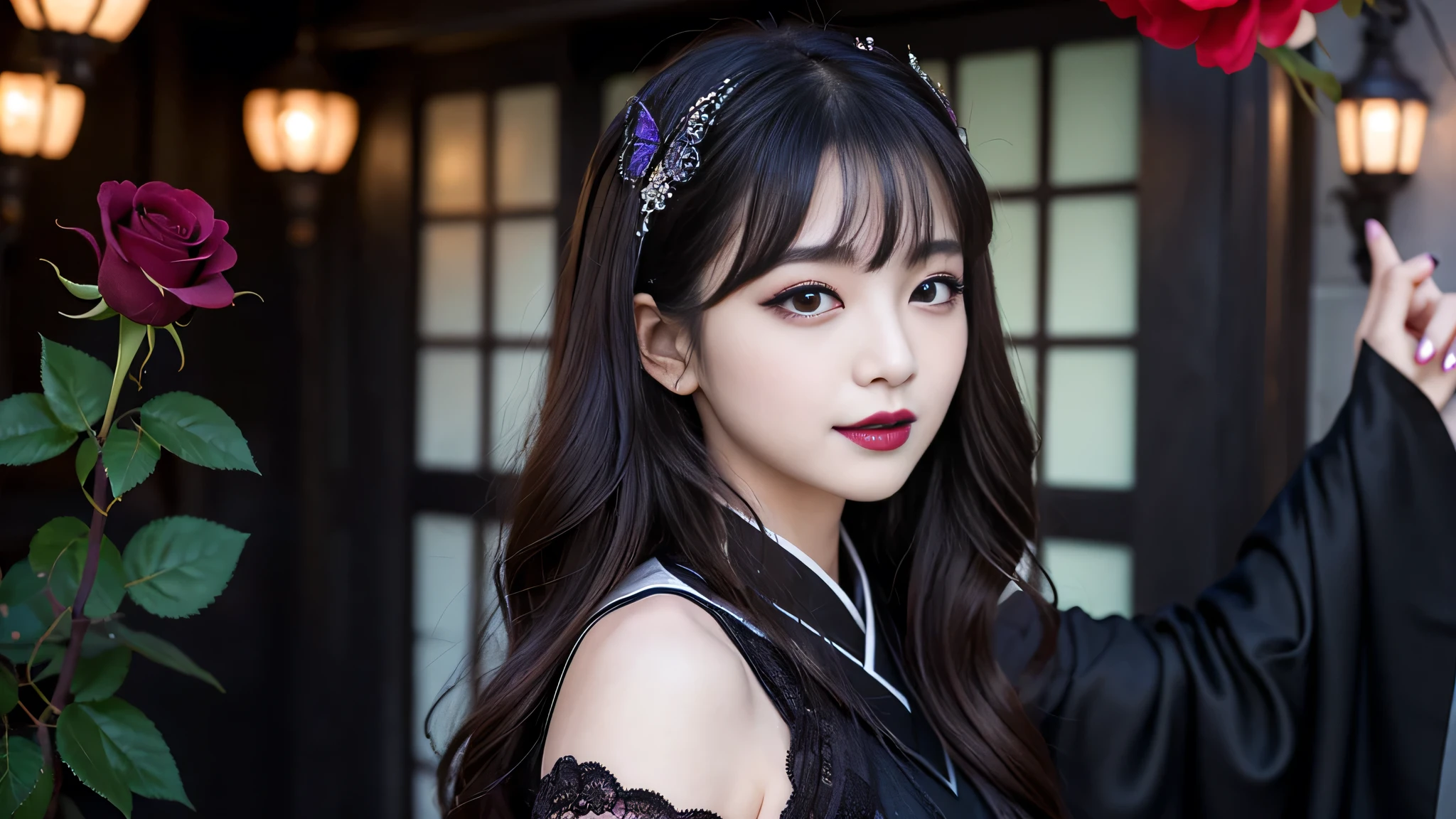 best quality、ultra-detailed、4k、Japanese、Seductive beauty、seductive adult woman、Pretty Woman、cool girl、Villainess、brainwash、Fallen into evil、smirk、Evil look、Wicked Smile、evil、Brown hair、wavy hair、swept bangs、Butterfly Hair Ornament、dark makeup、dark makeup、piercing eyes、hollow eyes,half-closed eyes、Hollow Eyes、Purple Eyeshadow、black lipstick、black lipglos、Long Black Cheongsam、Wide sleeves、night、inside darkroom、Having lipstick、Engraving a rose pattern、Emblem of Evil、Crest of Darkness、Swear allegiance、I have pledged my allegiance、Dye black、Blackening、Stained with evil、Dyed in darkness、Spread your hands