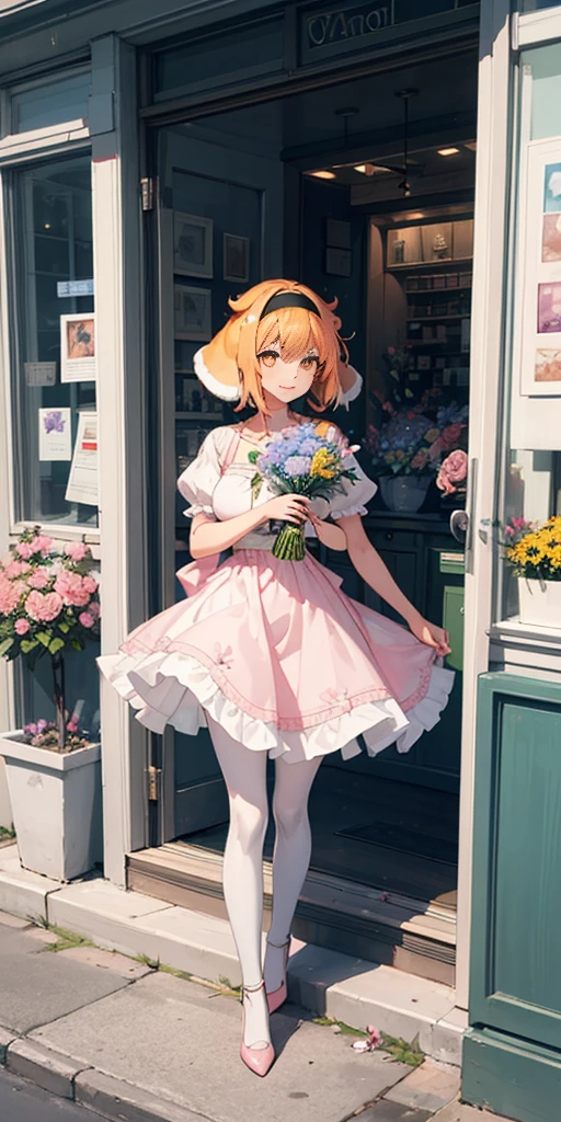 ((Roxanne)) ((woman dressed holding flowers and flowers near a store window)) 1girl, flower, solo (dog fluffy ears) [[orange hair]] pantyhose, bouquet, looking at viewer, black hairband, yellow eyes, dress, hair flower, holding a bouquet, standing, short sleeves, white footwear,(dress color:white, pink:1.4) yellow flower, selling flowers, scenery, night time, wall lamp, smile, pink flowers, blue flowers, cowboy shot, large breasts, small ribbon on flower as tie ((scenery)),(((scenery))),windy,(windy:1.3),(scenery),((scenery)),(((scenery)))
