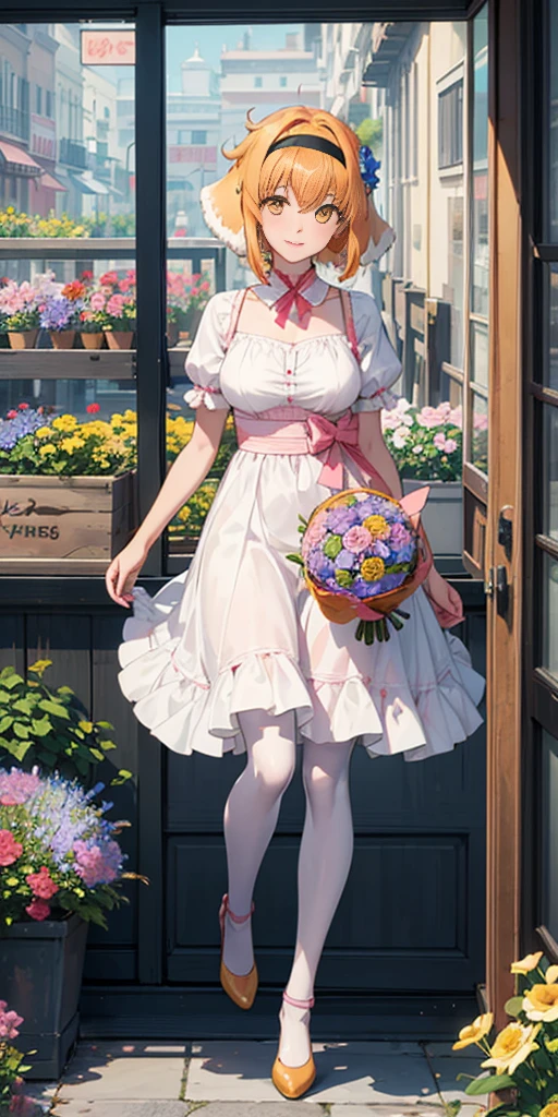 ((Roxanne)) ((woman dressed holding flowers and flowers near a store window)) 1girl, flower, solo (dog fluffy ears) [[orange hair]] pantyhose, bouquet, looking at viewer, black hairband, yellow eyes, dress, hair flower, holding a bouquet, standing, short sleeves, white footwear,(dress color:white, pink:1.4) yellow flower, selling flowers, scenery, night time, wall lamp, smile, pink flowers, blue flowers, cowboy shot, large breasts, small ribbon on flower as tie ((scenery)),(((scenery))),windy,(windy:1.3),(scenery),((scenery)),(((scenery)))