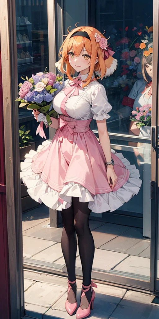 ((Roxanne)) ((woman dressed holding flowers and flowers near a store window)) 1girl, flower, solo (dog fluffy ears) [[orange hair]] pantyhose, bouquet, looking at viewer, black hairband, yellow eyes, dress, hair flower, holding a bouquet, standing, short sleeves, white footwear,(dress color:white, pink:1.4) yellow flower, selling flowers, scenery, night time, wall lamp, smile, pink flowers, blue flowers, cowboy shot, large breasts, small ribbon on flower as tie ((scenery)),(((scenery))),windy,(windy:1.3),(scenery),((scenery)),(((scenery)))