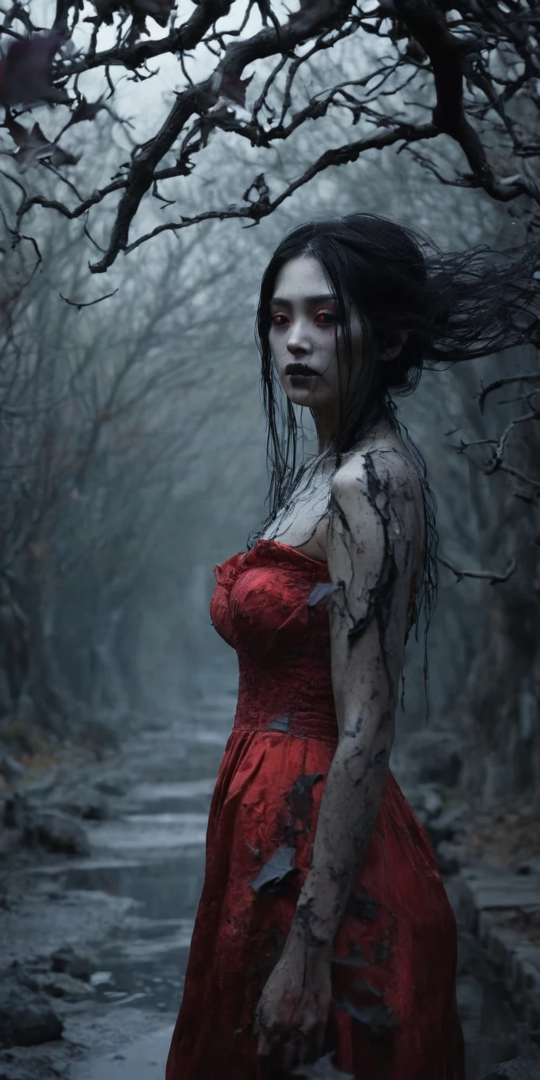 masterpiece, top, very detailed, very realistic, original photo, (orc:1.5),(gothic theme:1.5),(dark horror theme:1.5),(thriller:1.5),(inspiration from Stephen King:1.5),( dark fantasy:1.5), (ink and watercolor painting:1.5 ), (black and white:1.5), (ominous scene:1.5),(A number of bats flying towards the viewer:1.5),(destroyed:1.5),( destroyed village:1.5),(1800s:1.5), (damaged theme:1.5),(lots of flying dust:1.5),(puddles of water:1.5),(unpaved road:1.5), (absurder:1.5),(fantastic:1.5),(best quality:1.5),(masterpiece:1.5),full body length, Lepidolite Quartz woman in red dress facing the viewer, black hair beautiful face long, full body portrait, ominous view, atmosphere Fluorite chrysocolla, artwork Simon Stalenhag, Nicola Samori, Wangechi Mutu, prime colors, very detailed, masterpiece, intricate detail, fading, very detailed eyes, high detailed eyes, very face detailed 4k resolution, RAW, Nikon Z9, scary city, full body length, beautiful evil woman, mysterious beautiful woman, intricate details, Stone Forest in Yunnan Province, China, ultra-detail,dark and scary atmosphere, ethereal presence, exquisite, mysterious beautiful female figure facing the camera, long flowing black hair, swirling mist, supernatural entity, demonic essence, shadowy form, eerie whispers, sinister aura, mysterious white skin, dark and twisted branches, flickering candlelight, eerie elements, mysterious and enigmatic spectral apparitions, gothic art style, very charming, spectral nature, very melancholic, otherworldly beauty, ethereal light, very haunting, cold and atmospheric, eerie and ominous lighting. mysterious beautiful woman, Impresionismo, starlight colors, Fantastic lighting, Atmospheric ethereal, otherworldly charm, Mystical aura, Glowing flowers, floating flower petals, majestic vines, Glowing leaves, with a serene expression, Intricate details, Exquisite features, flowers tucked in her ears, Skylight, harmonious colorful energy, Surreal atmosphere, Sublime art, bright tones, char