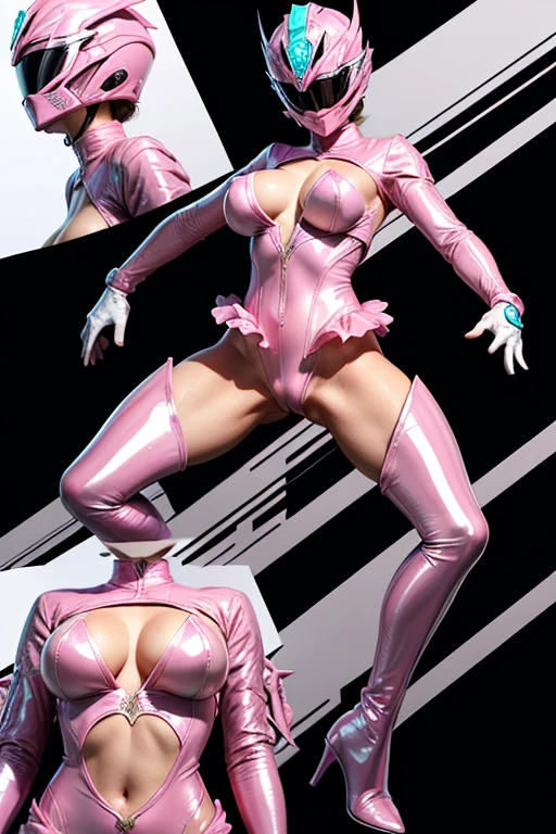 Tabletop, Super Detail, highest quality, High resolution, , ((Anatomically correct)), Power Ranger, ((One Girl)), (alone), Full-face helmet with no exposed face, Pink full body suit, Micro Bikini,Long gloves and boots are white, (Very shiny helmet), kick, Action pose, Combat pose, Huge breasts,Big Ass