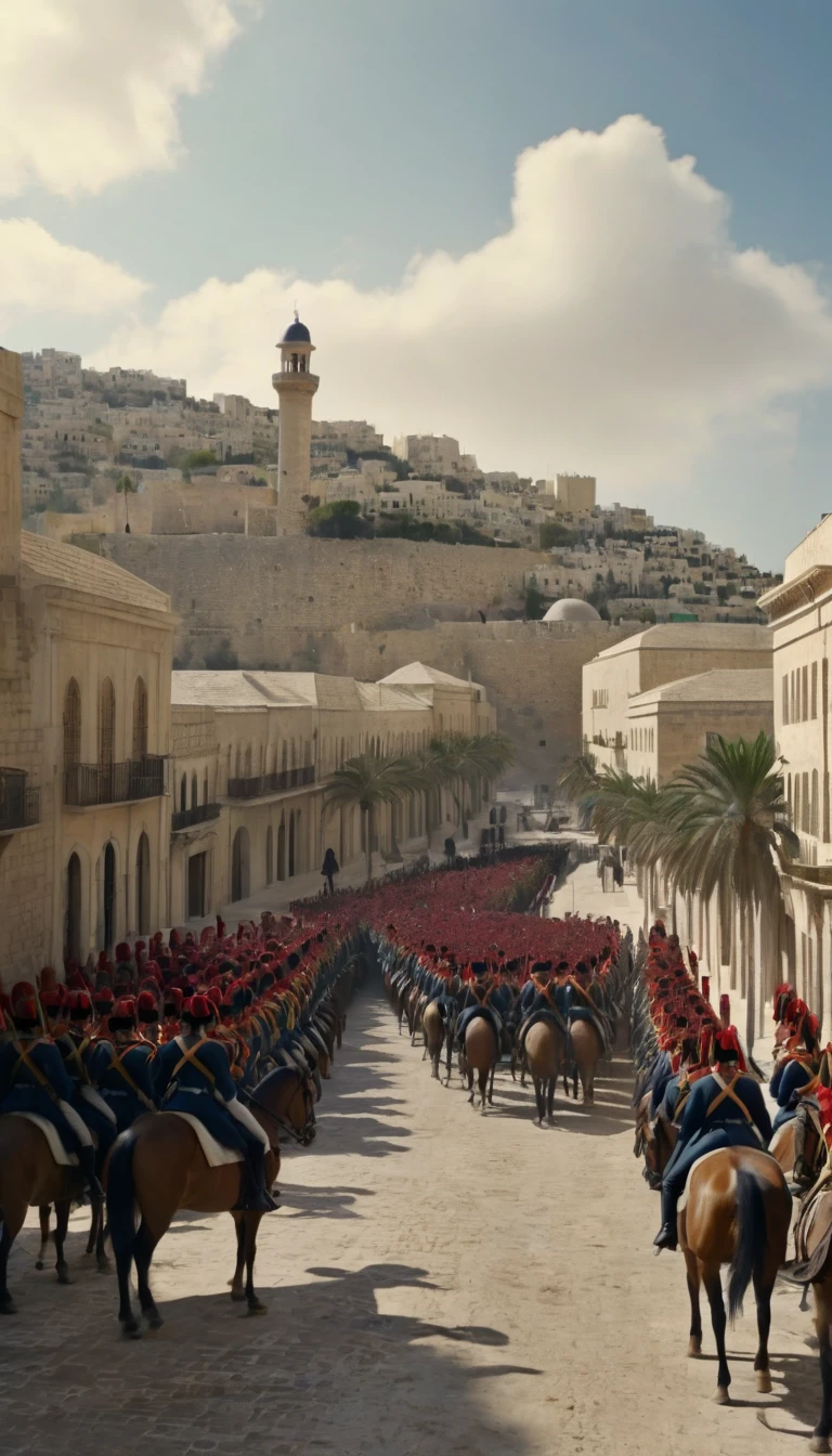 March 1799, Palestine: Under the command of General Napoleon Bonaparte, French troops take the city of Jaffa in a violent assault. ultra realistic 32k uhd. view panoramic. cinematic.