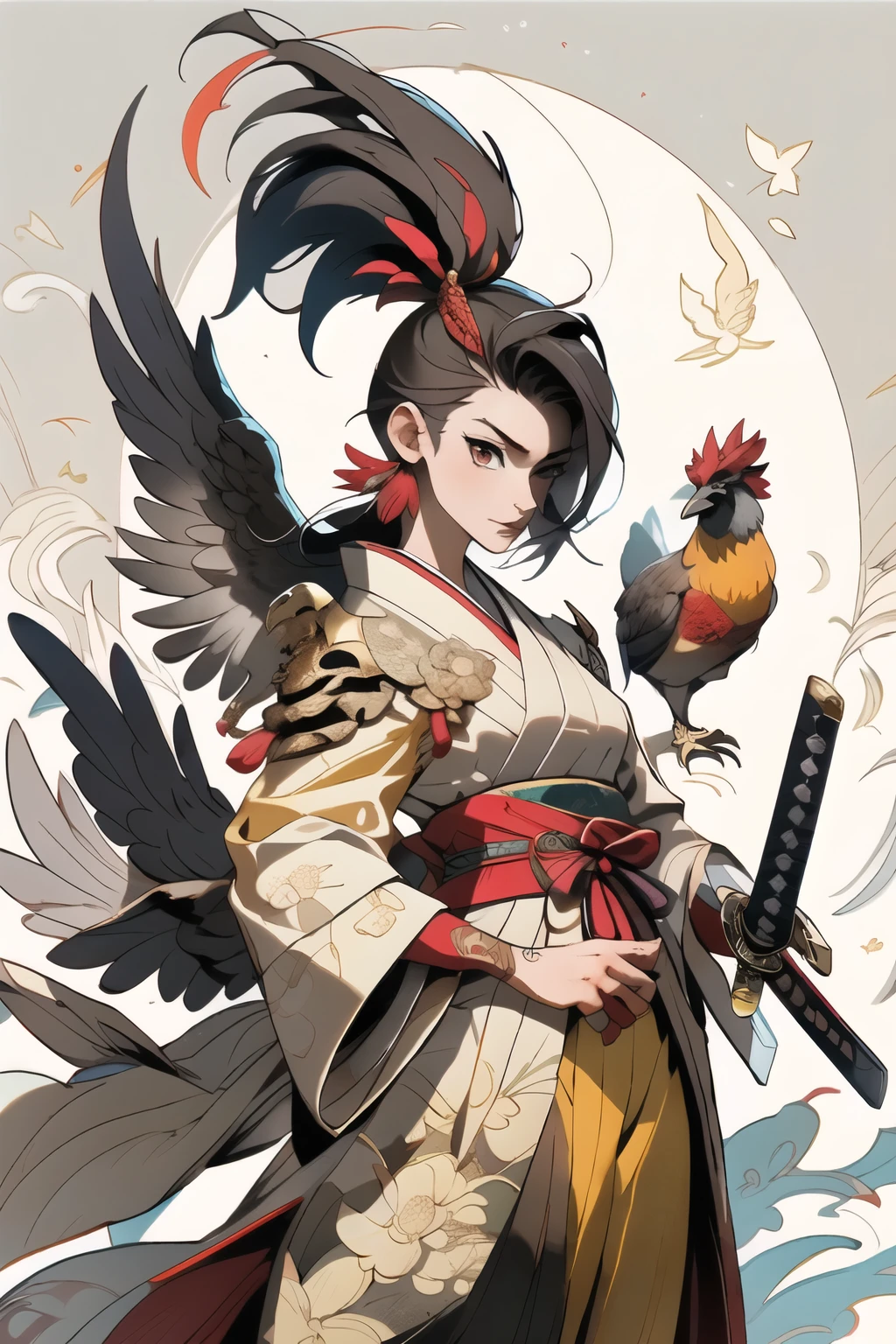 Rooster, (close-up :1.1), Upper body, Weapon, Rooster head, Female Focus, sword, single, Japanese costume, Hand held, Hand held Weapon, katana, Hand held Sword, sheath, Long sleeve, number Suit, Kimono, suit... Construction background