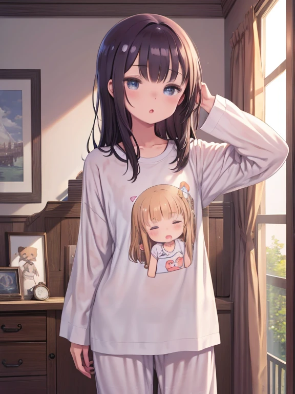 masterpiece、highest quality、High resolution、Very detailed、Medium wide shot、Cowboy Shot、Girl、morning、Waking up、wake up、Lying hair、((Sleepy eyes))、波状Mouth、~Mouth、pajamas、Are standing、Cute character printed clothes、