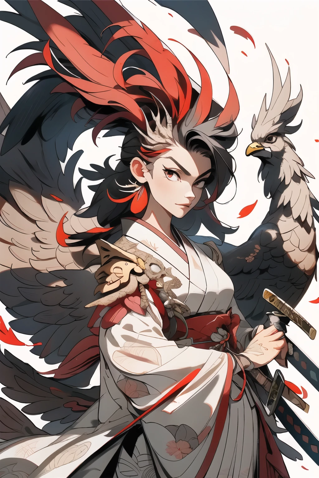 Rooster, (close-up :1.1), Upper body, Weapon, Rooster head, Female Focus, sword, single, Japanese costume, Hand held, Hand held Weapon, katana, Hand held Sword, sheath, Long sleeve, number Suit, Kimono, suit... Construction background