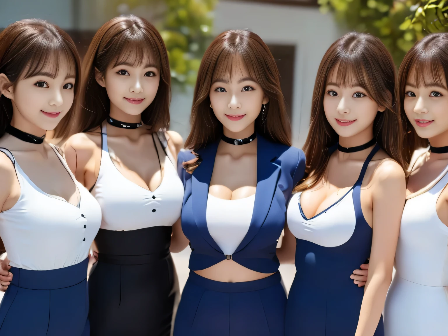 (Group photo, Multiple Girls, Cute Japanese woman with a perfect body, 6 Girls), (office ladies),  (masterpiece, high quality:1.2), Big Breasts, Office Suits, (smile), (office), Highly detailed face, Navy Suit、break, ((Black Choker, Big Breasts, blue eyes, Long eyelashes)), uniform, smile、bangs, Bright white skin, Grace, Transparent air, (8k RAW photo:1.1), Natural light, 6Women, Japanese Idols, (Slim face)