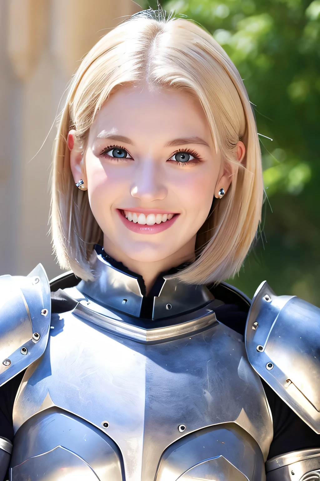 ８Ｋ、highest quality、female knight、Luxurious Silver Armor、、hairstyle short cut、smile、beautiful teeth、full body photo、ear piercing、blonde、white woman、blue eyes、heavy makeup、The background is inside the castle

