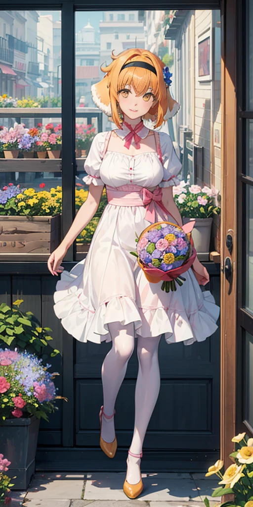 ((Roxanne)) ((woman dressed holding flowers and flowers near a store window)) 1girl, flower, solo (dog fluffy ears) [[orange hair]] pantyhose, bouquet, looking at viewer, black hairband, yellow eyes, dress, hair flower, holding a bouquet, standing, short sleeves, white footwear,(dress color:white, pink:1.4) yellow flower, selling flowers, scenery, night time, wall lamp, smile, pink flowers, blue flowers, cowboy shot, large breasts, small ribbon on flower as tie ((scenery)),(((scenery))),windy,(windy:1.3),(scenery),((scenery)),(((scenery)))