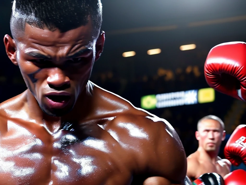 (highest quality、4K、High resolution、masterpiece:1.2)、Super detailed、Real、boxing match、(Strong cross straight)、Distorting face、Sweat flying、Mouthpiece、corner、On the verge of collapse