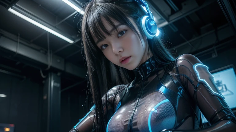 (8k, RAW Photos, highest quality, masterpiece:1.2), (Realistic, photo-Realistic:1.37),(Japanese female models), (Blue Neon),(cyber punk),Wearing a see-through transparent rubber suit,