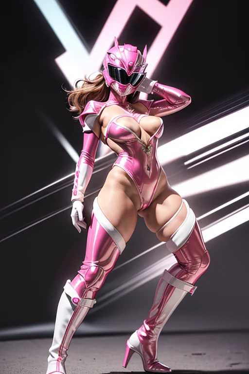 Tabletop, Super Detail, highest quality, High resolution, , ((Anatomically correct)), Power Ranger, ((One Girl)), (alone), Full-face helmet with no exposed face, Pink full body suit, Micro Bikini,Long gloves and boots are white, (Very shiny helmet), kick, Action pose, Combat pose, Huge breasts,Big Ass