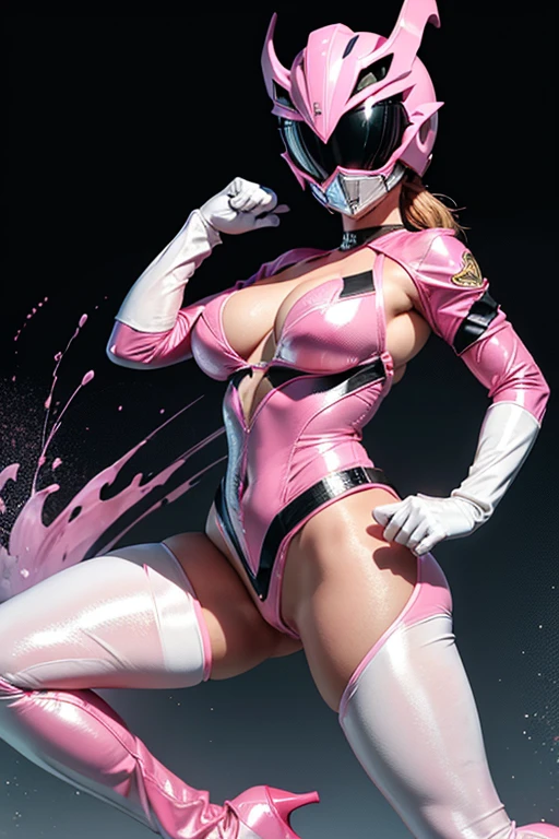 Tabletop, Super Detail, highest quality, High resolution, , ((Anatomically correct)), Power Ranger, ((One Girl)), (alone), Full-face helmet with no exposed face, Pink full body suit, Micro Bikini,Long gloves and boots are white, (Very shiny helmet), kick, Action pose, Combat pose, Huge breasts,Big Ass