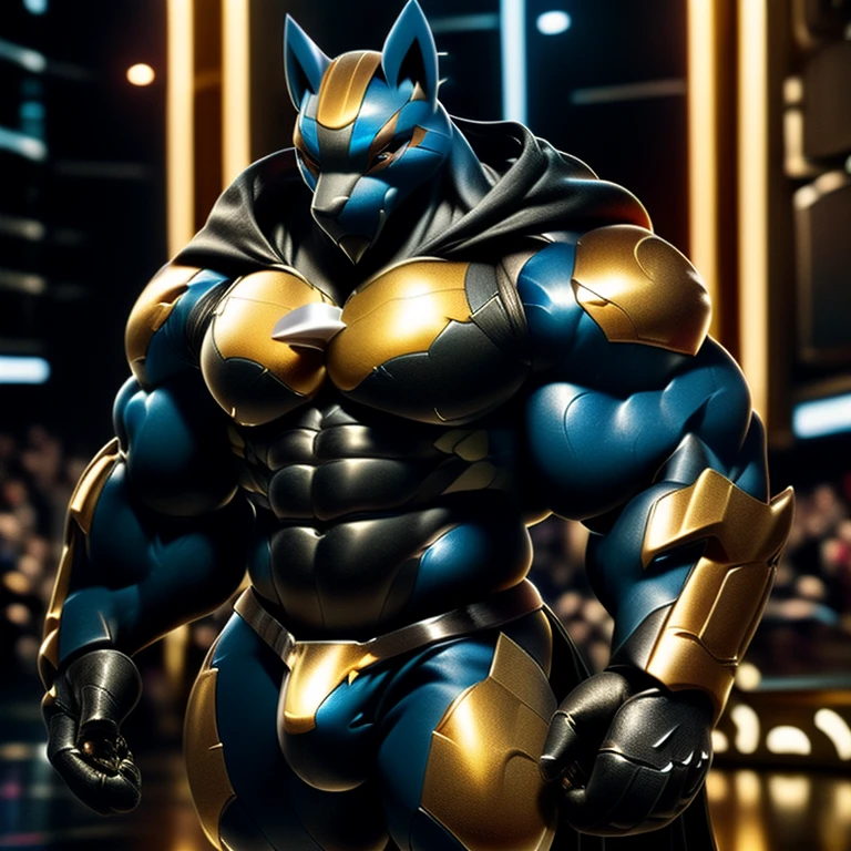 (masterpiece, best quality, detailed:1.2)
detailed full body, (masterpiece, best quality, detailed:1.2) (Pokémon) LUCARIO, detailed full body,
wears full body GOLDEN armor. huge pecs, chiseled abs, huge pectorals, exaggeratedly huge muscles. wearing a cloak. unusually developed muscular body big muscle, pecs, triceps, traps, waist narrow, unusually developed muscular body, He wears a black cloak on his back.
The cloak is so long that it touches the ground, bulge in the crotch wears a small black string thong that reveals huge muscular thighs. (metallic color: jet black thong) black bodysuit,